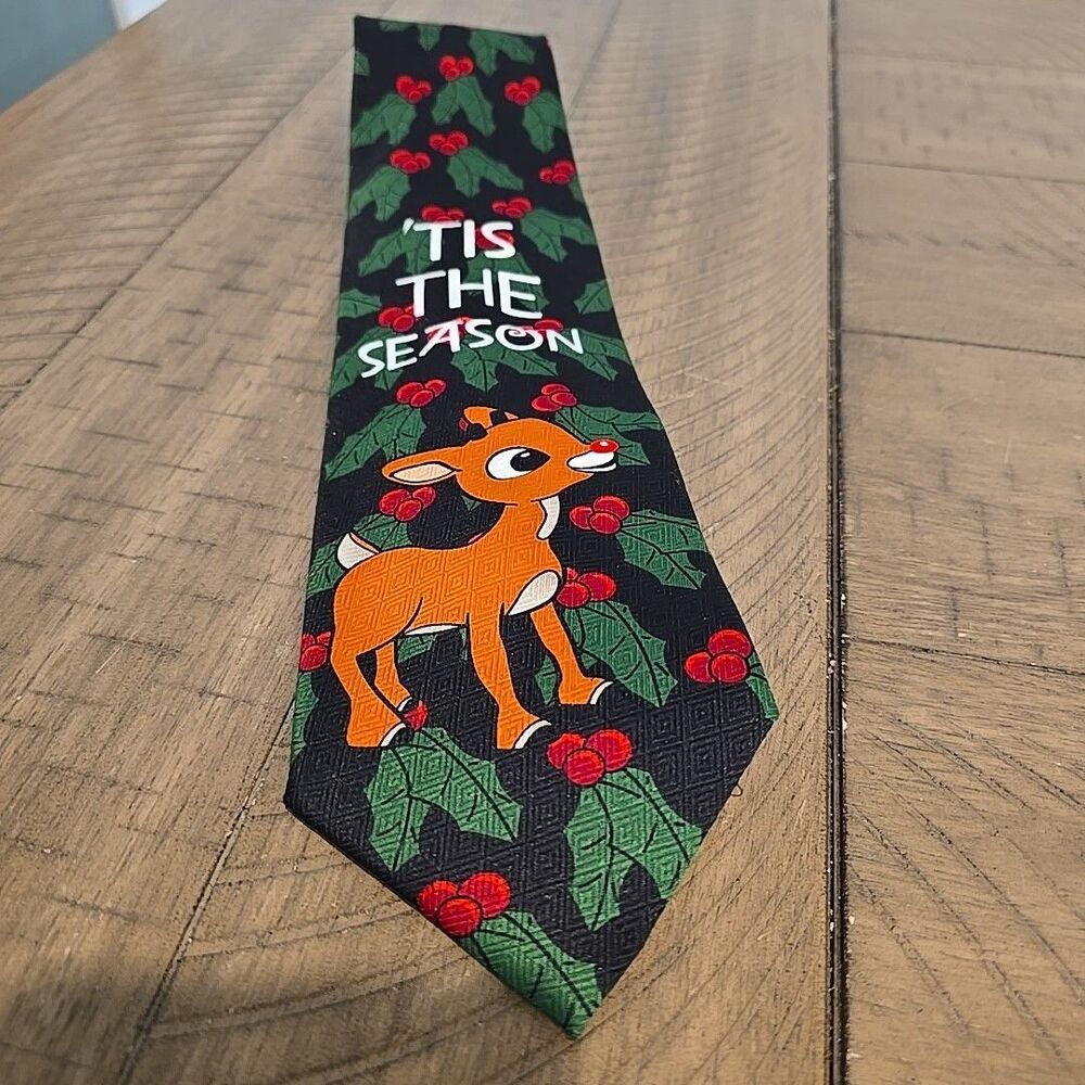 Rudolph The Red Nosed Reindeer Christmas tie Tis The Season Holly Mistletoe
